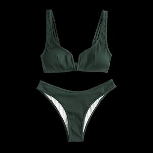 Army Green Ribbed V-Wire Bikini